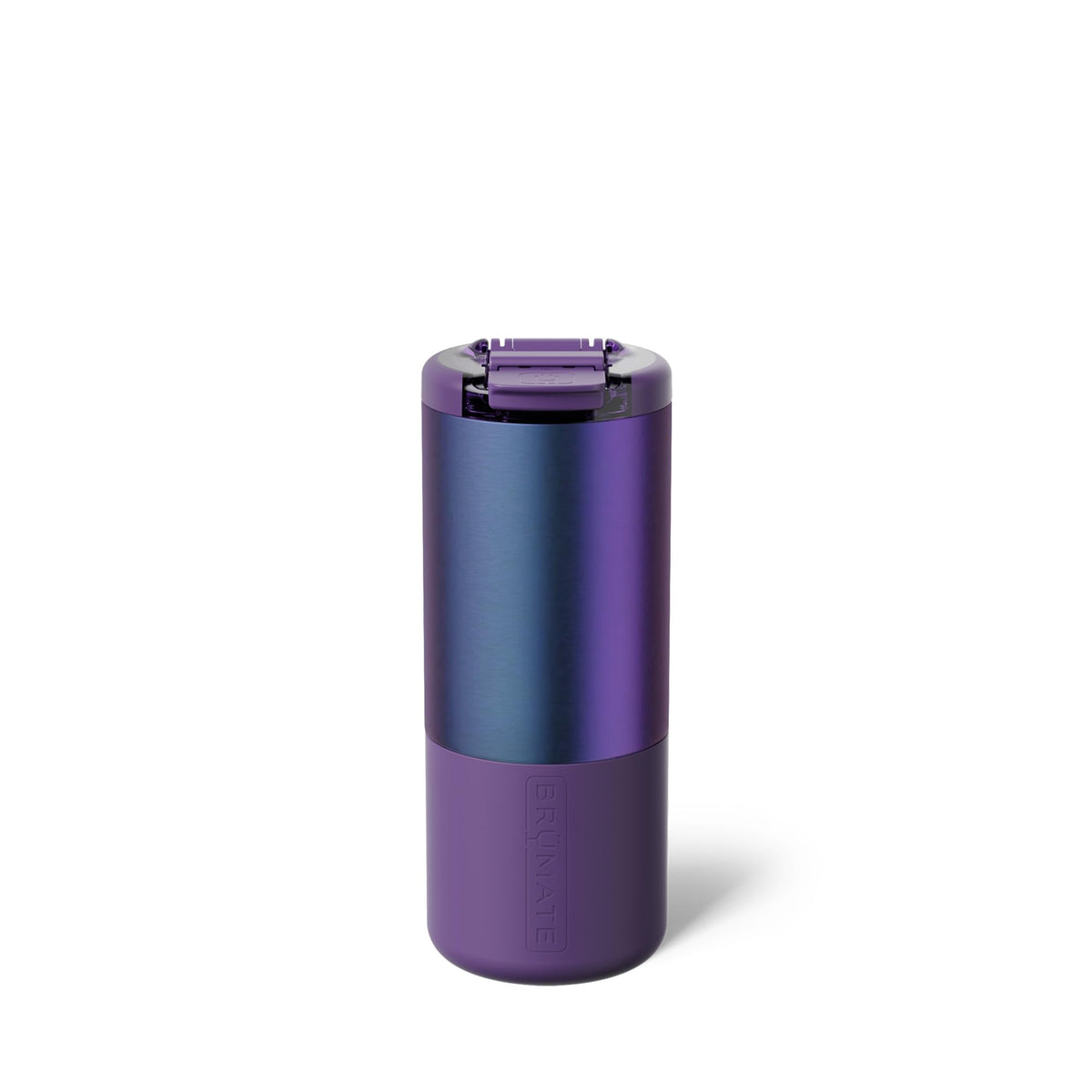 BrüMate Strova 18oz mug with lid open, travel-ready spill prevention