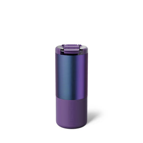 BrüMate Strova 18oz mug with lid open, travel-ready spill prevention