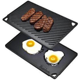 Bruntmor 2-in-1 grill plate top view for versatile cooking on cast iron surface.
