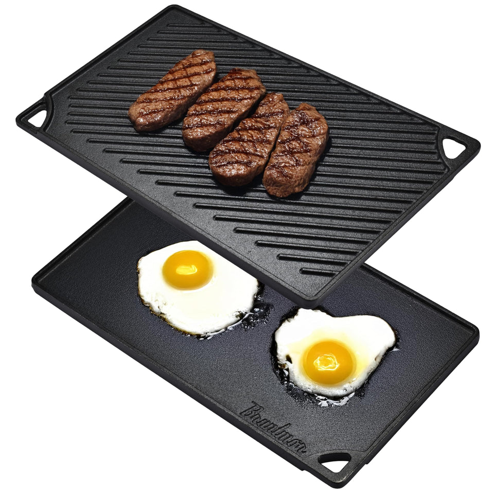 Bruntmor 2-in-1 grill plate top view for versatile cooking on cast iron surface.