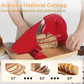 Brvclon bread slicer crank handle in action delivering even thickness control.