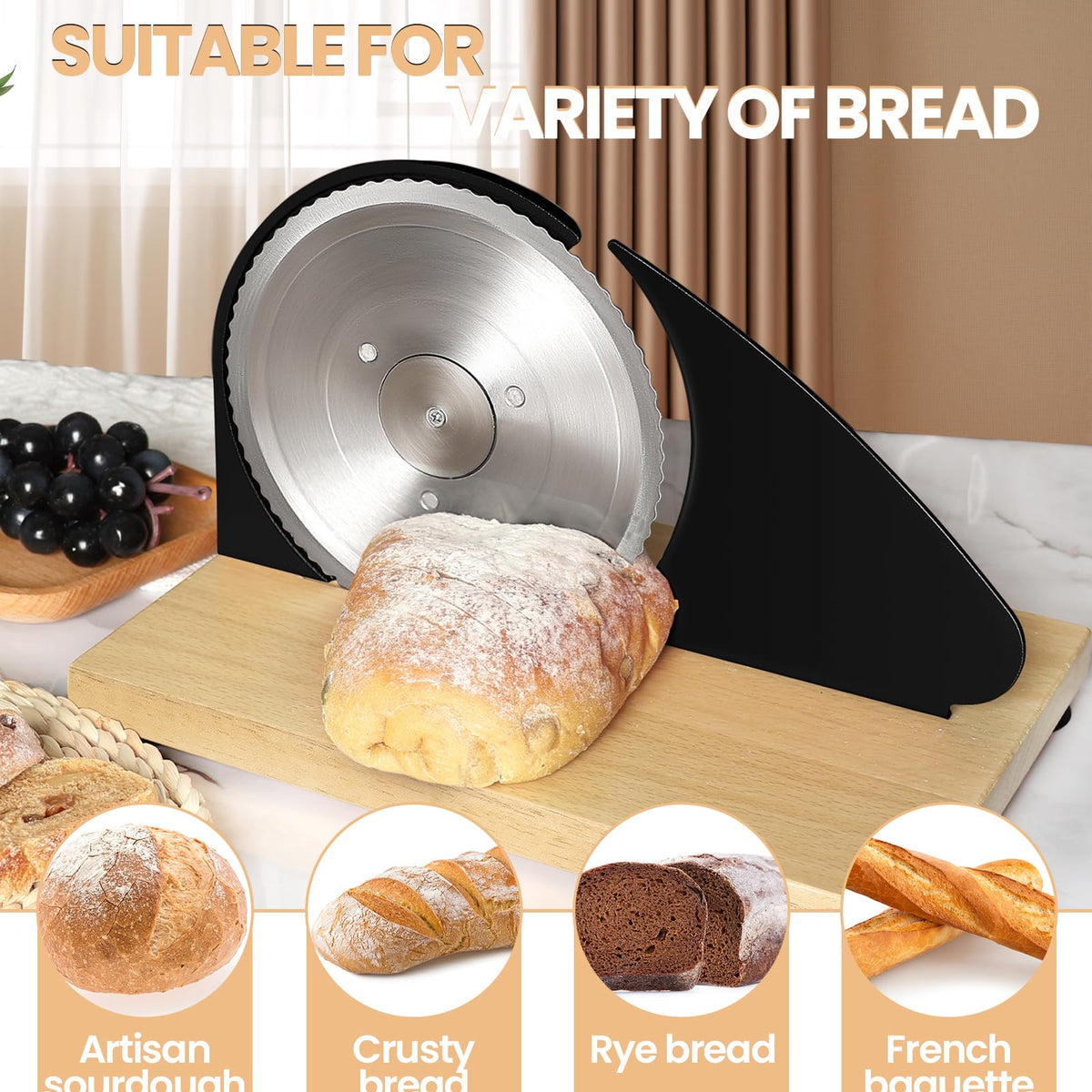 Brvclon bread slicer in-use captures convenient hand-crank operation.