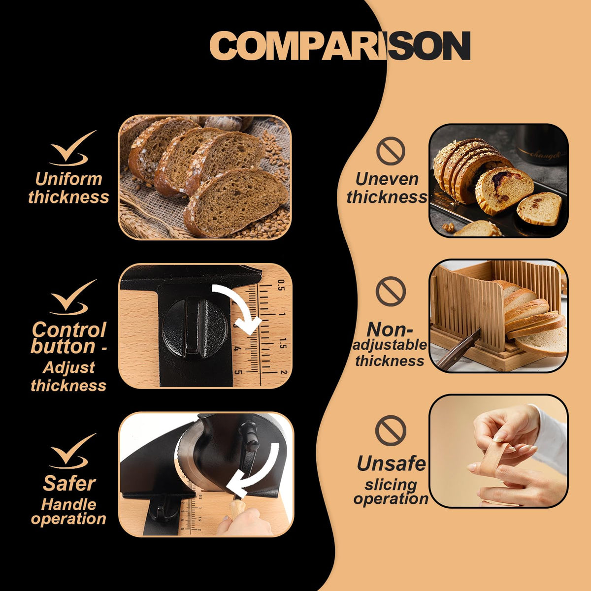 Brvclon bread slicer stainless-blade features a replaceable, clean cutting edge.
