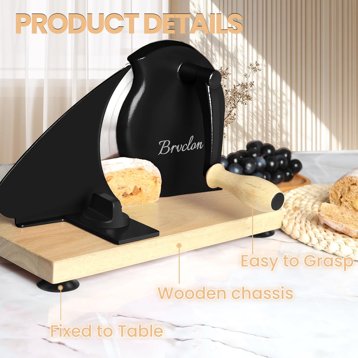 Brvclon bread slicer wood-base-suction anchors stability during slicing.