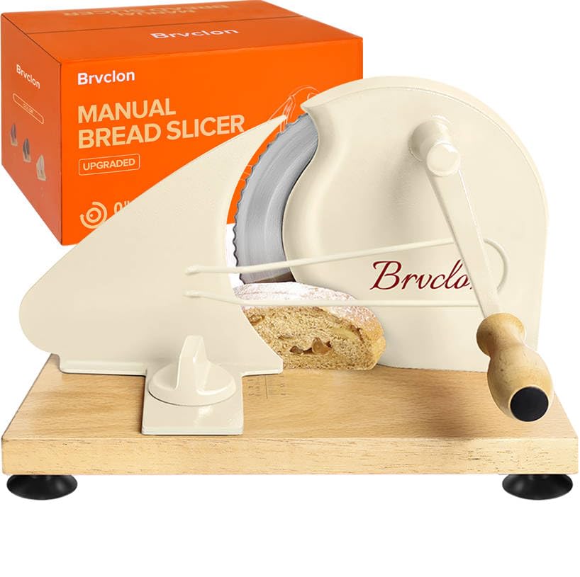 Brvclon manual bread slicer base highlights sturdy wood for stable slicing.