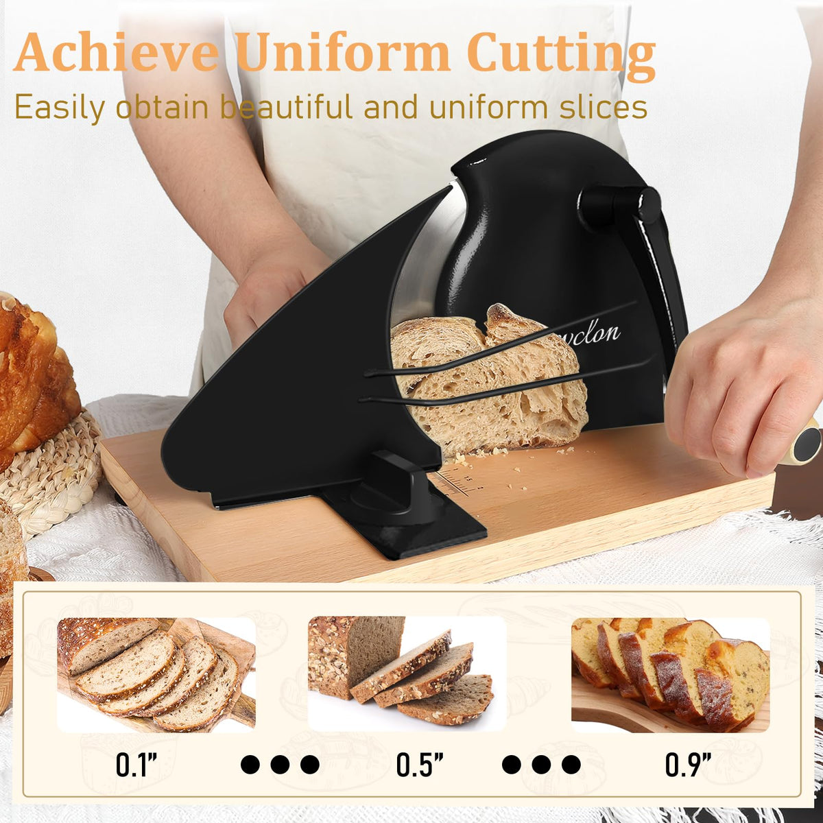 Brvclon manual bread slicer crank handle enables smooth, controlled slicing.