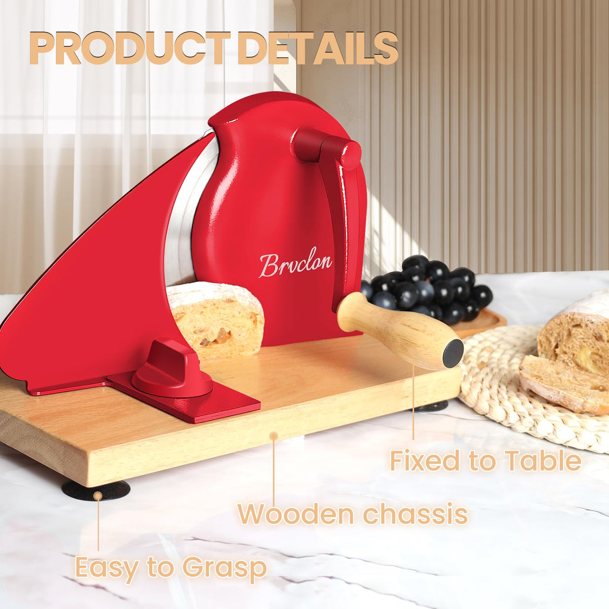 Brvclon hand crank enables smooth, controlled bread slicing.
