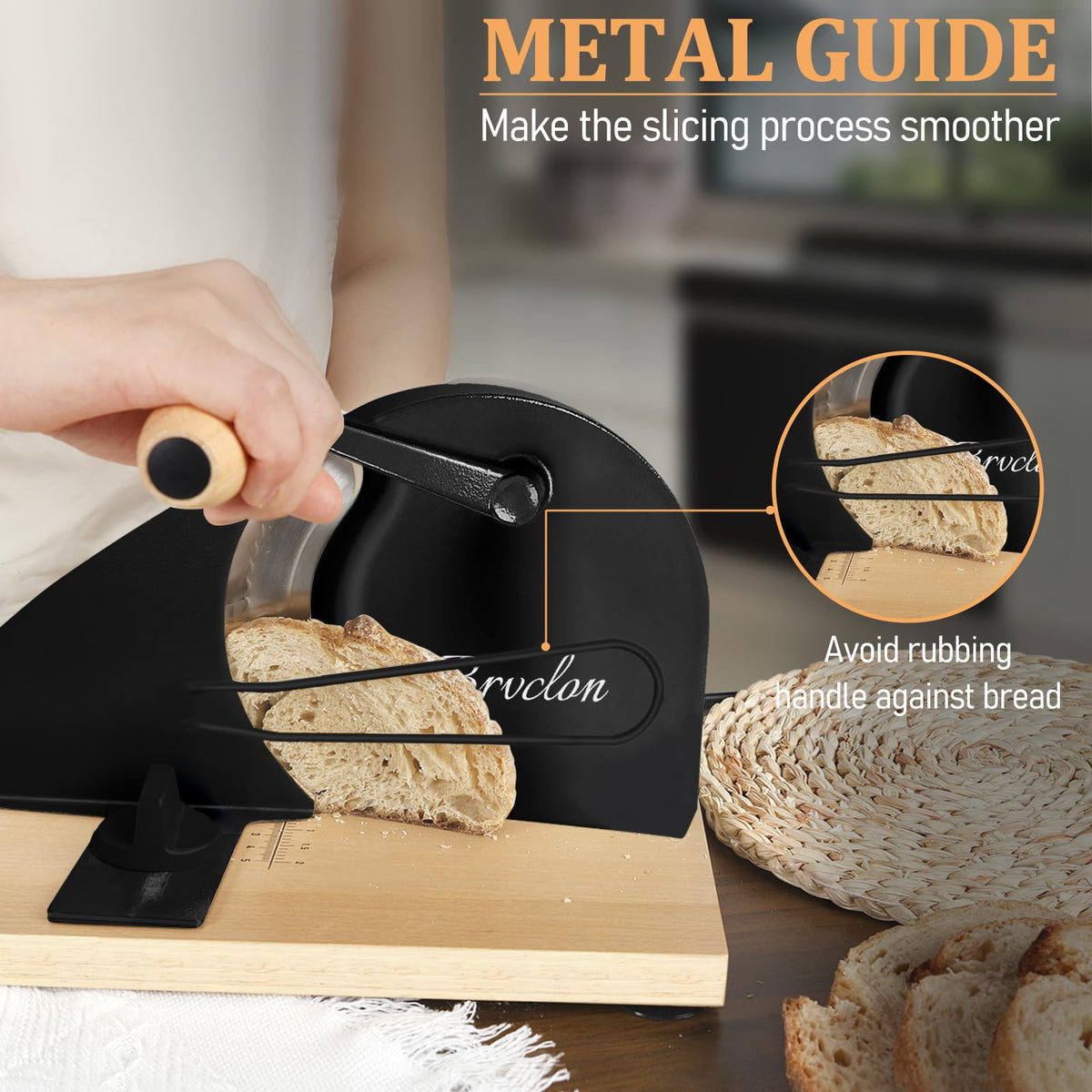 Brvclon bread slicer scale line helps set precise thickness every time.
