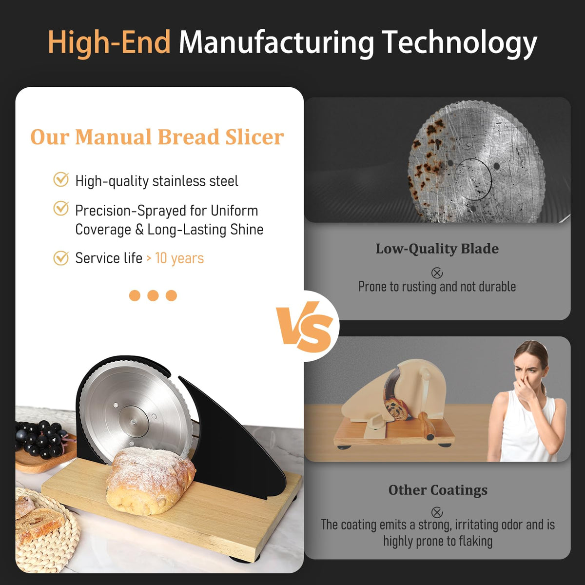 Brvclon bread slicer in use delivers even slices quickly.
