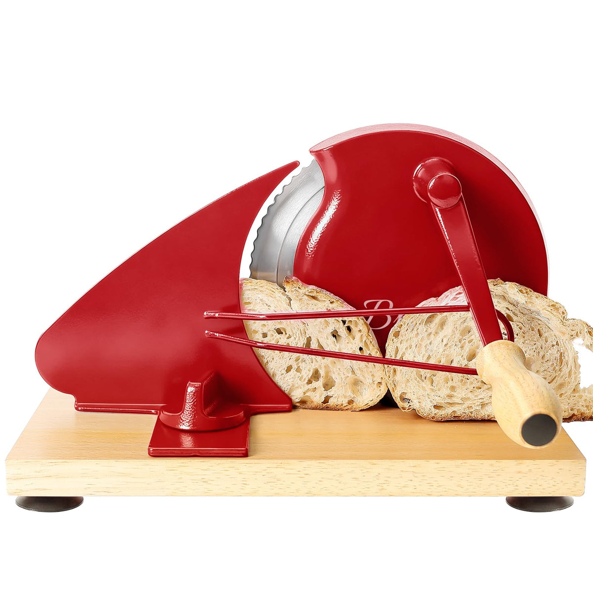 Brvclon manual bread slicer shows adjustable thickness dial for consistent slices.
