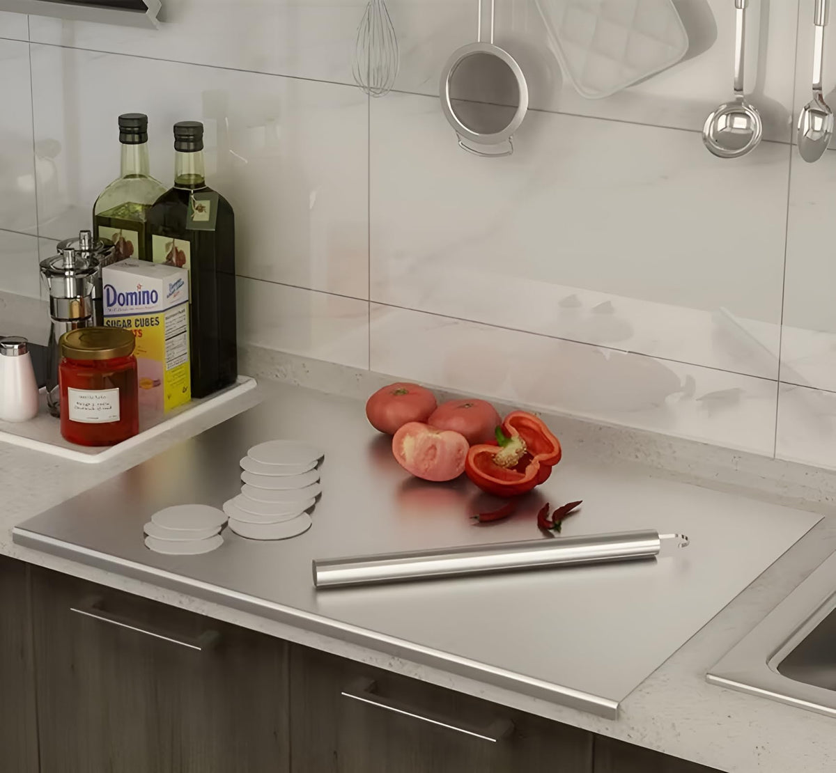 bscsqld stainless steel cutting board top view with lip offers stable, mess-free prep.