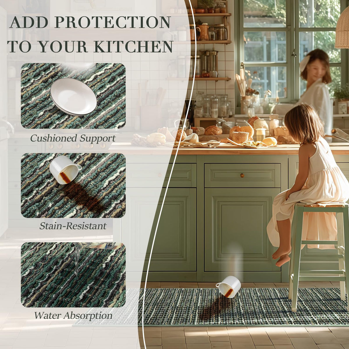 BSICPRO thick cushioned green rug provides comfort during long cooking or cleaning.