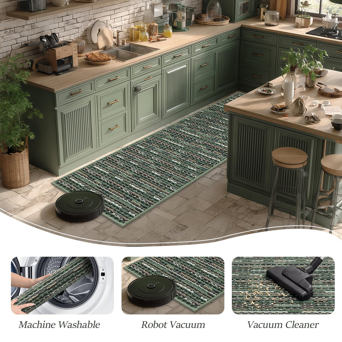 BSICPRO vintage weave green rug adds warm decor to entryways and laundry rooms.