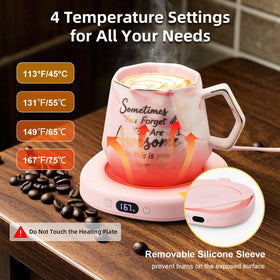 Bsigo mug warmer demonstrates 4-temp control for coffee, tea, and cocoa.