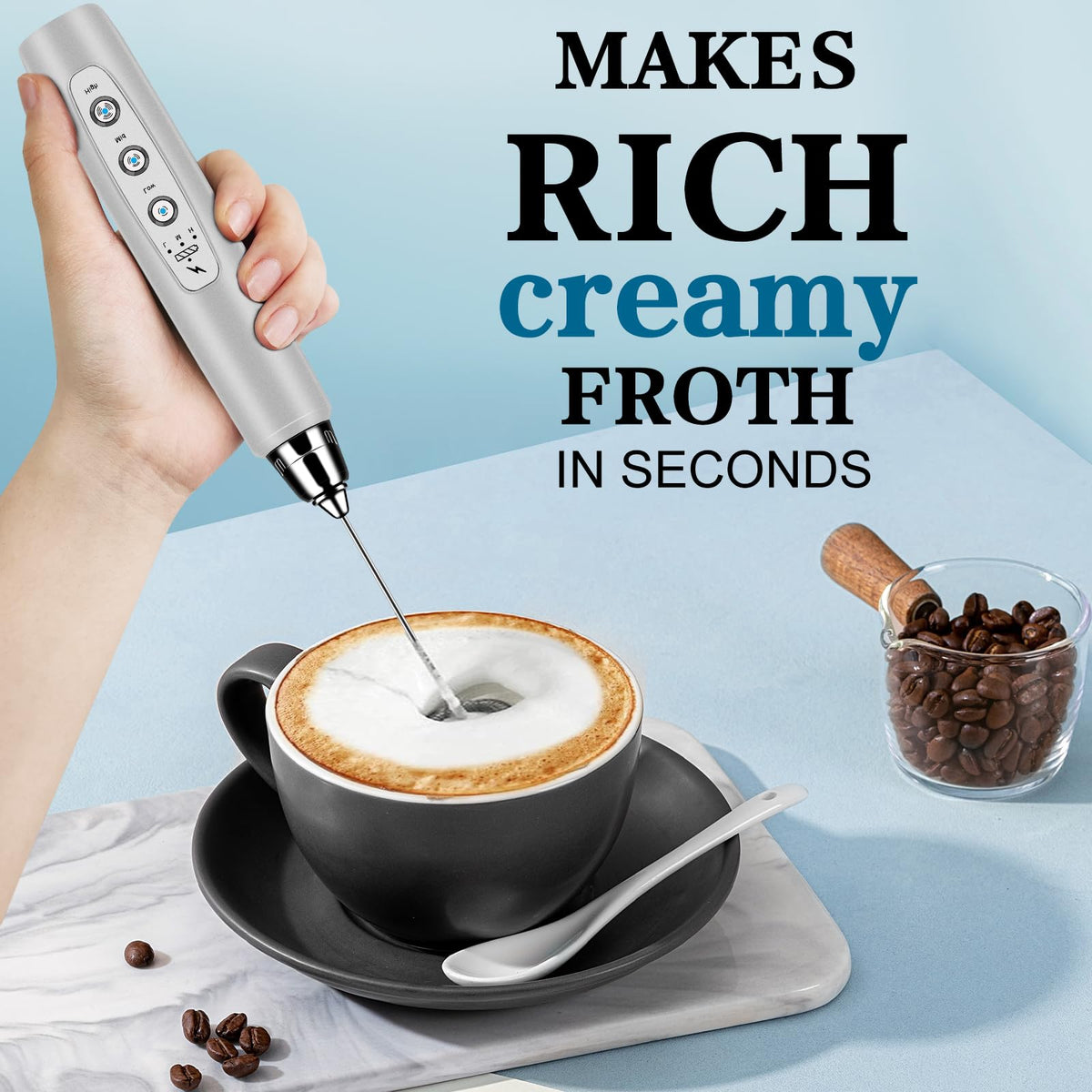 Ergonomic handle ensures comfortable grip during quick frothing.