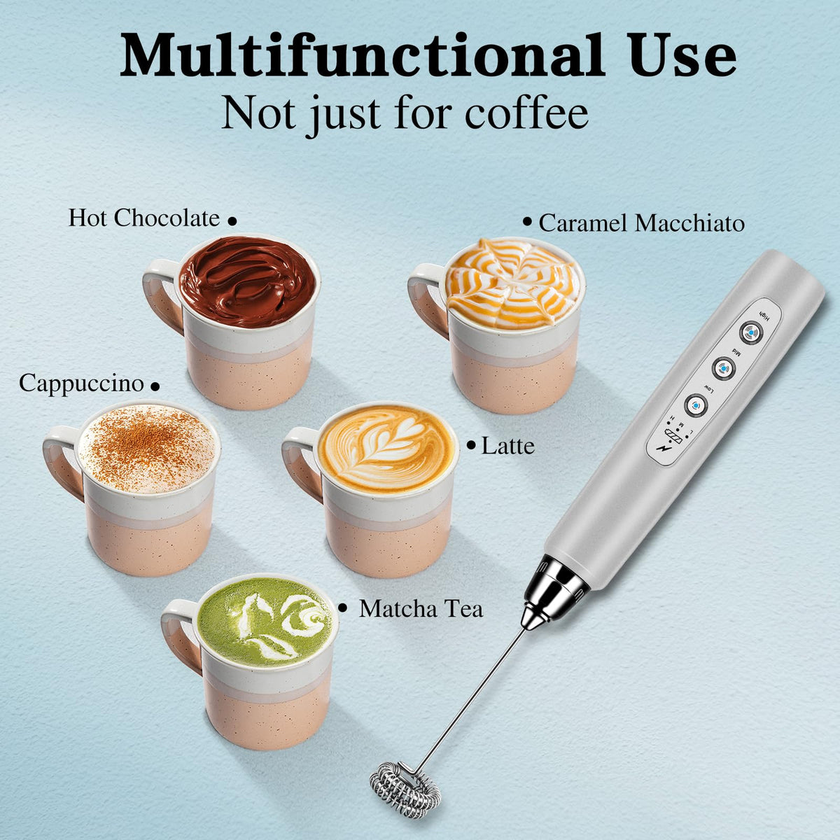 Create creamy latte foam in seconds for cafe-style drinks.