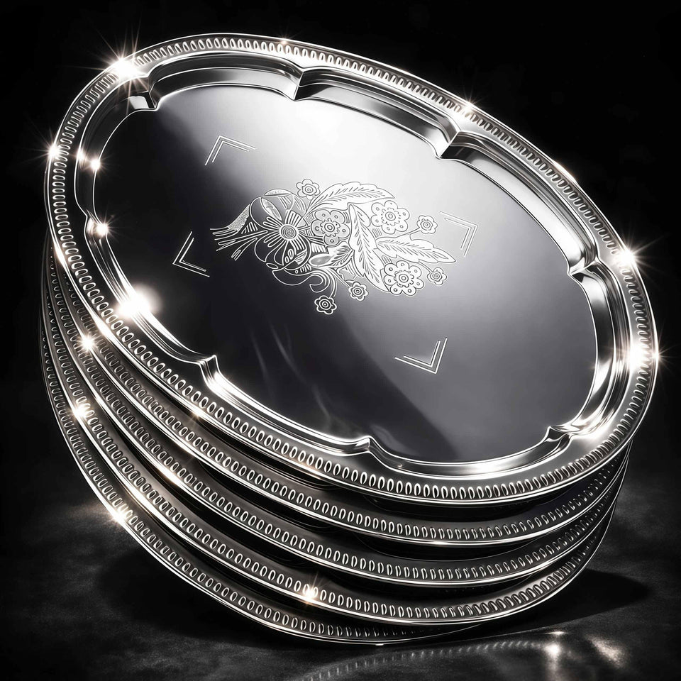BSTUR six-pack large silver oval trays with floral engraving for elegant party presentation