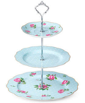 BTaT Floral 3-tier cake stand with blue glaze and pink roses for dessert displays.