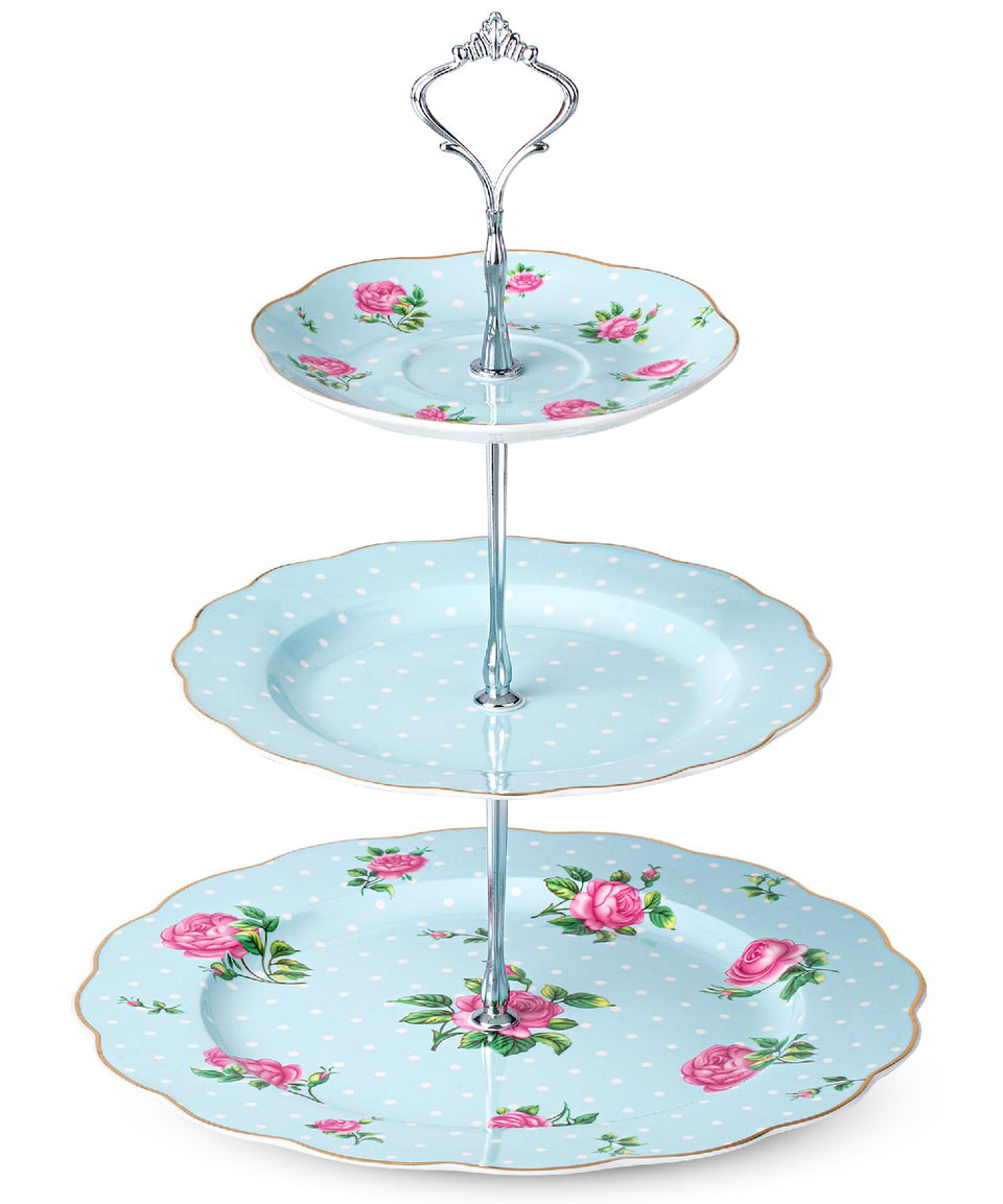 BTaT Floral 3-tier cake stand with blue glaze and pink roses for dessert displays.