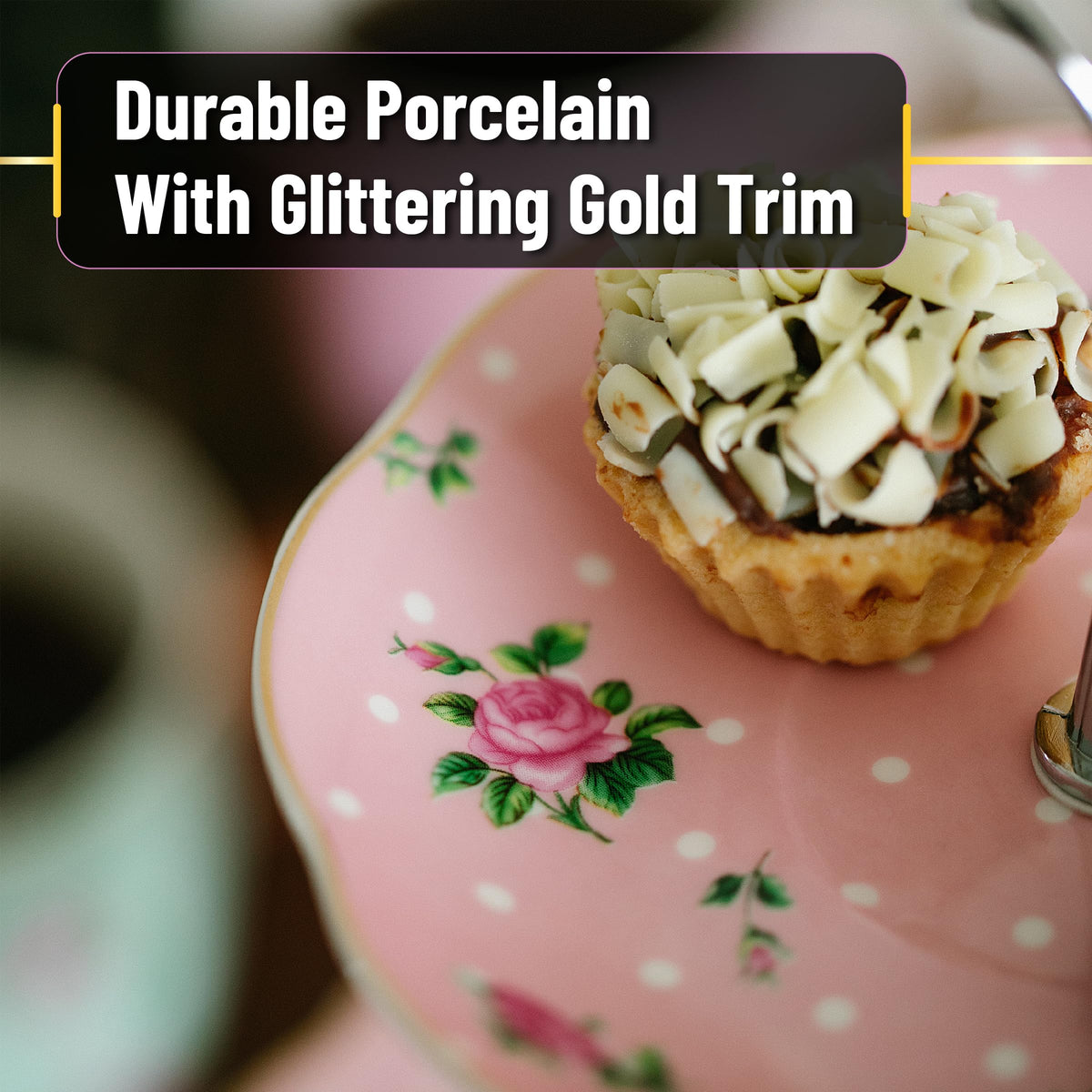 BTaT Gold-trimmed stand highlights cupcakes, cookies, and fruits with sophistication