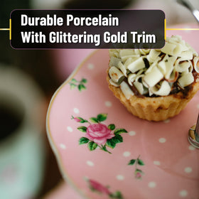 BTaT Gold-trimmed stand highlights cupcakes, cookies, and fruits with sophistication