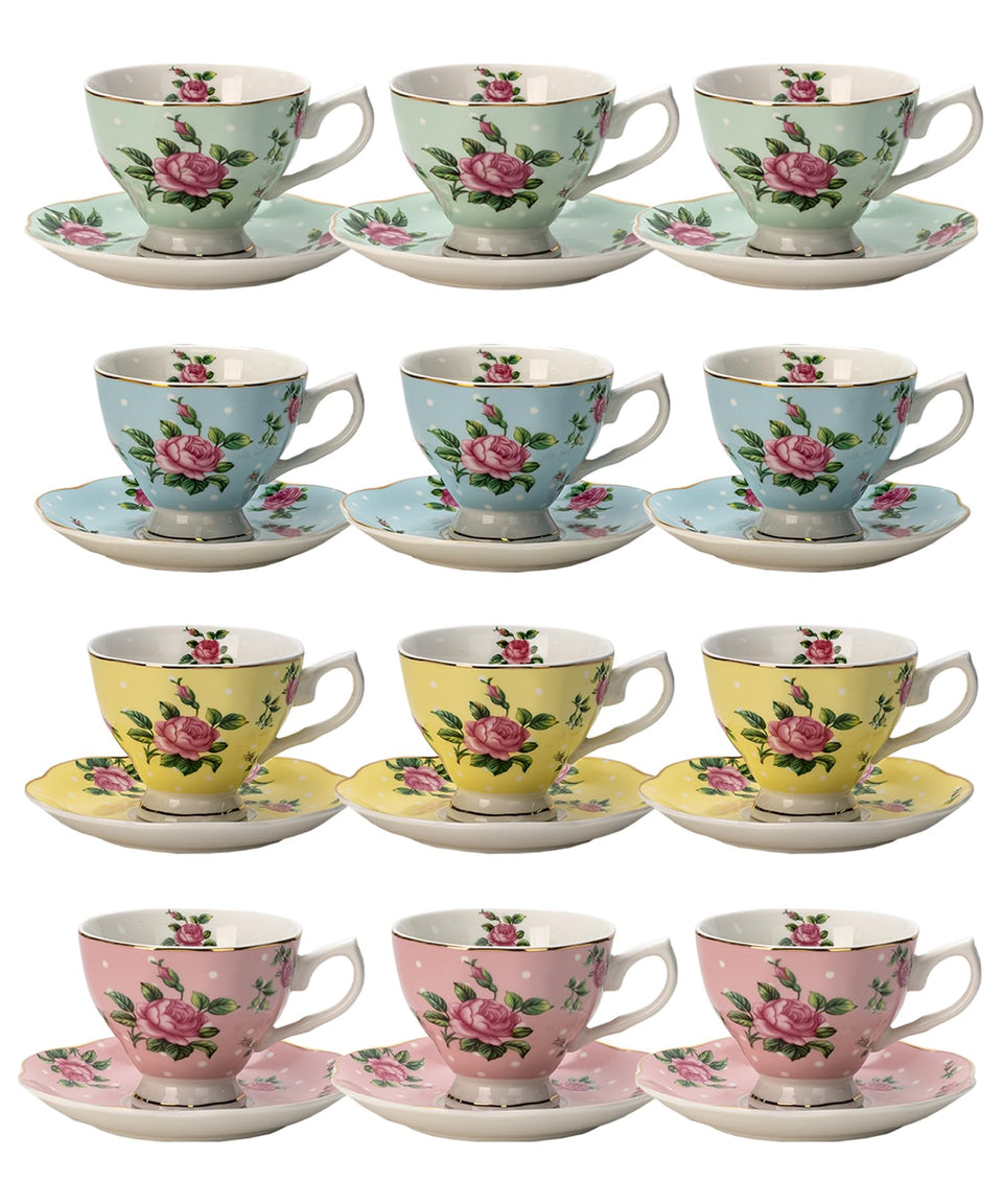 BTaT floral tea cups with gold trim, 12-piece set for elegant tea parties