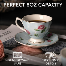 BTaT mint-green floral tea cup close-up, durable porcelain with glossy finish.