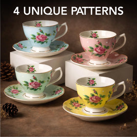 BTaT yellow floral tea cup close-up, elegant 8 oz for coffee or tea.