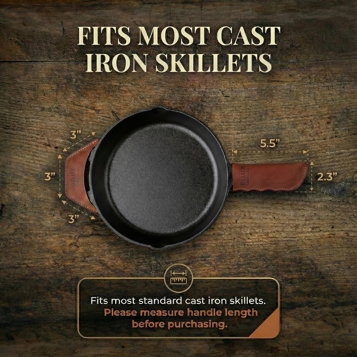 BTLux handle cover on cast iron pan demonstrates snug fit.