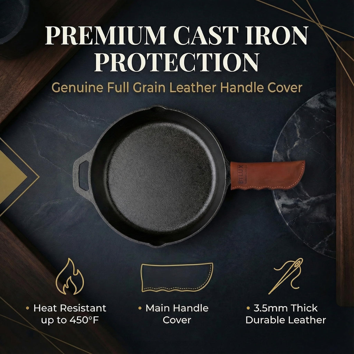 BTLUX heat-resistant leather handle cover reduces heat exposure during cooking.