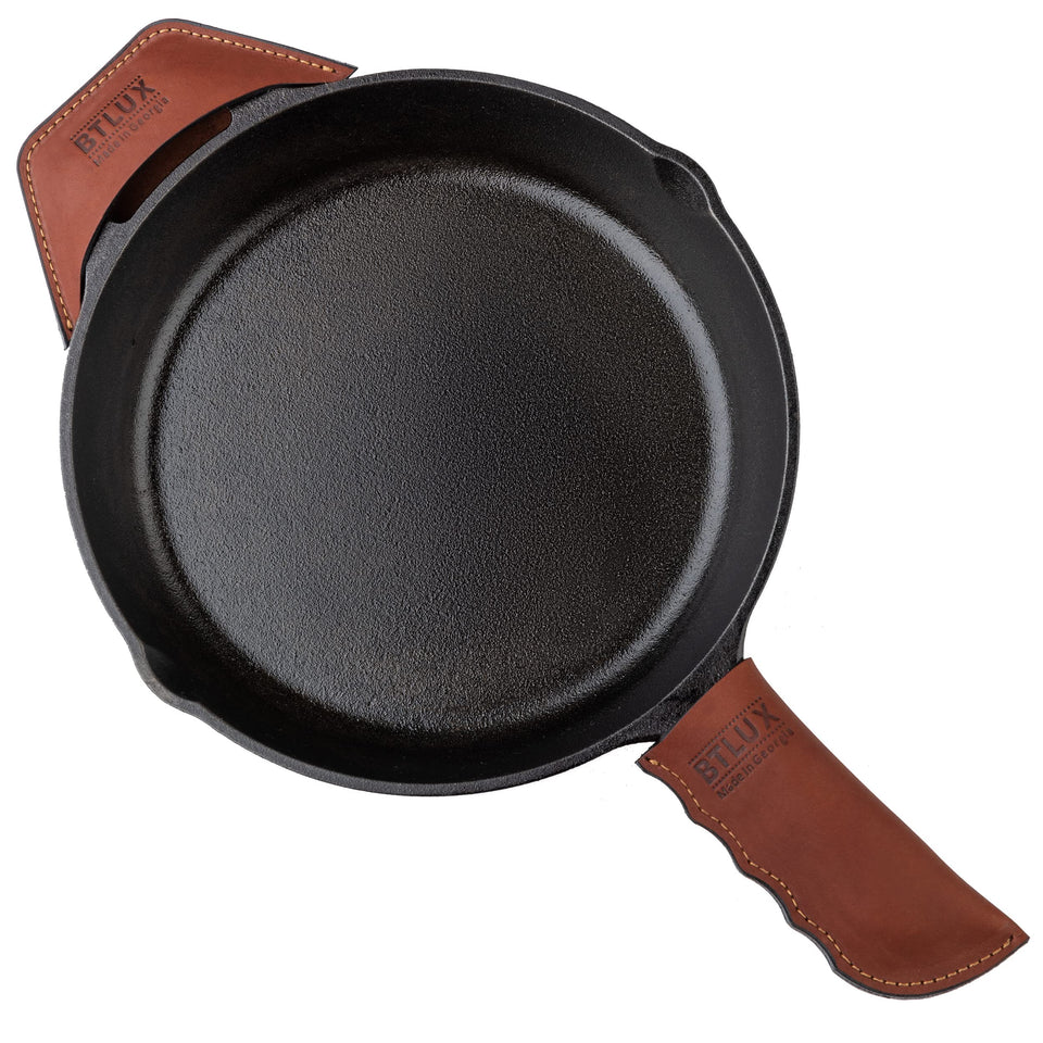BTLux leather cast iron handle cover set of 2 protects hands while handling hot skillets.