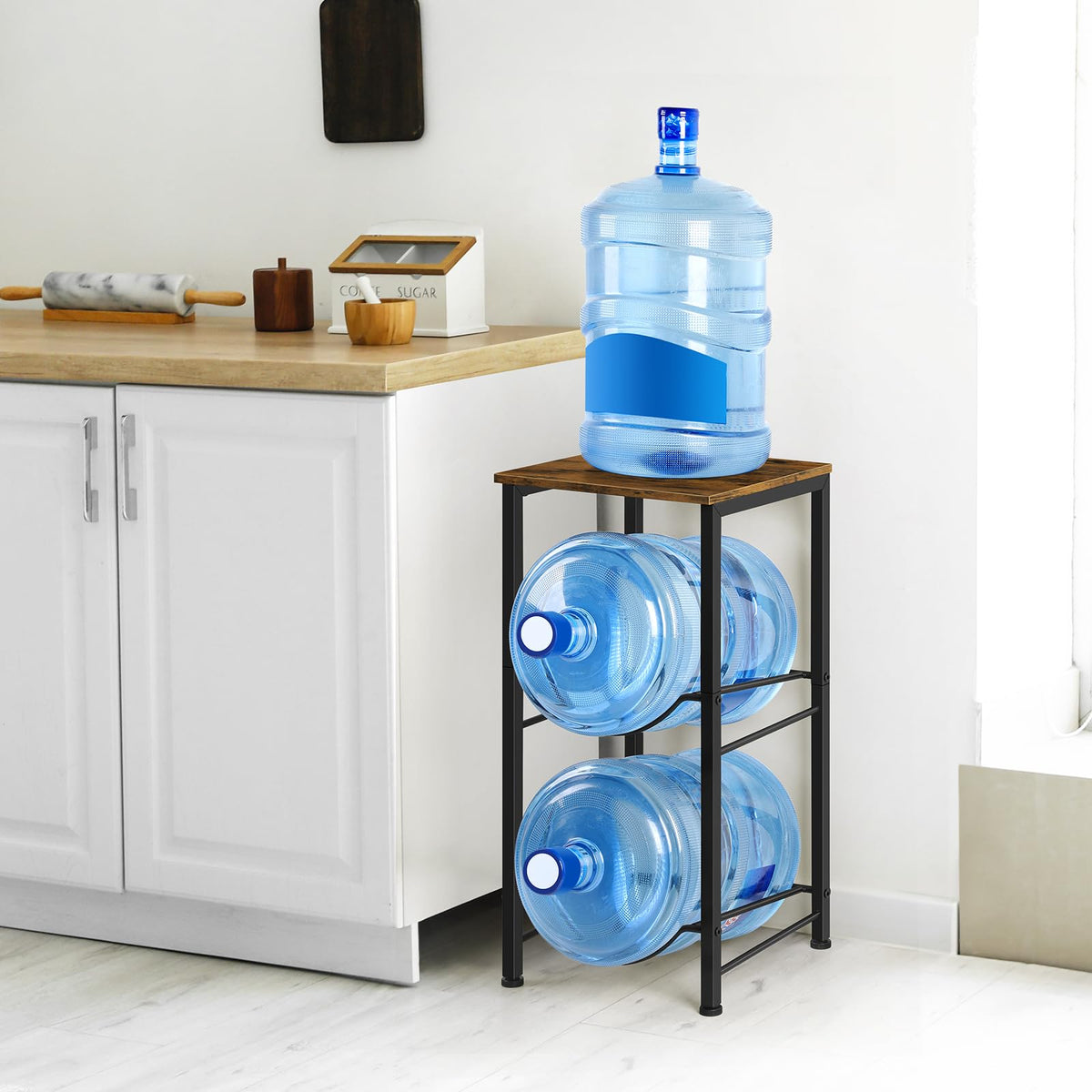 BTY two-tier water bottle rack with metal frame for kitchen or office