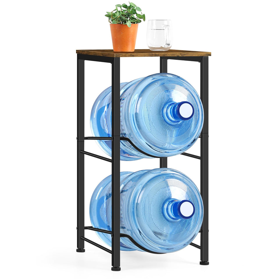BTY brown heavy-duty 5 gallon bottle holder top shelf showing sturdy storage