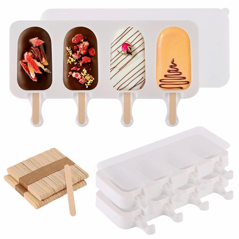 BTYMS popsicle molds with lids in four cavities for easy, spill-free freezing.