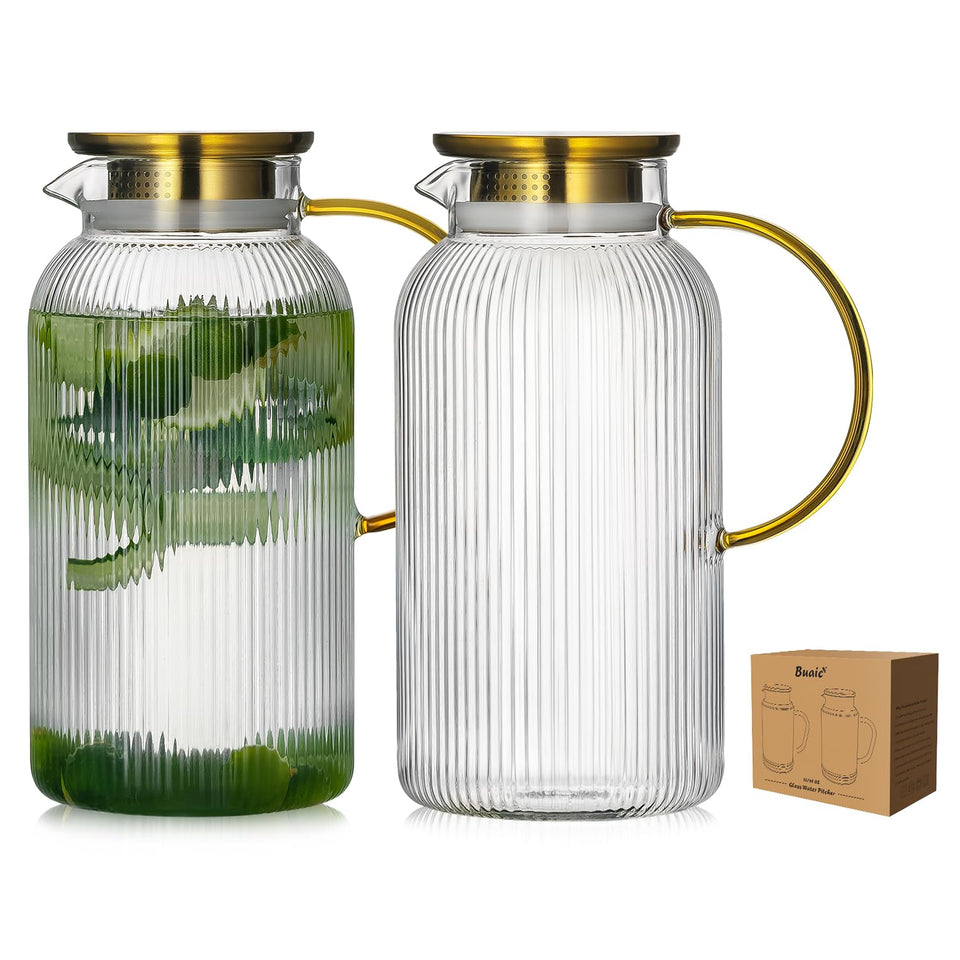 Buaic two-pack glass pitcher with lid, front view for serving water and iced beverages.