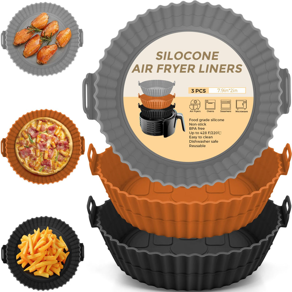 Buauty 3-Pack 8-Inch silicone liners — heat-safe air frying and easy cleanup.