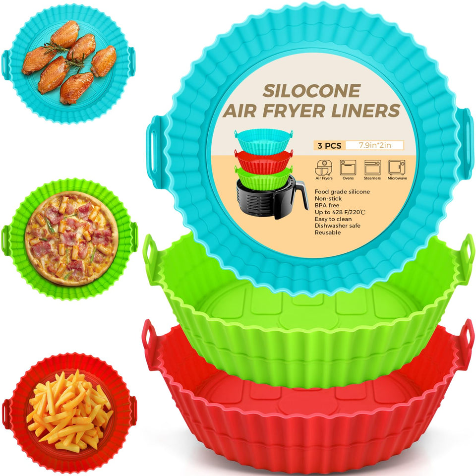 Buauty 3-pack silicone liners for 8-inch air fryers, reusable and heat resistant.