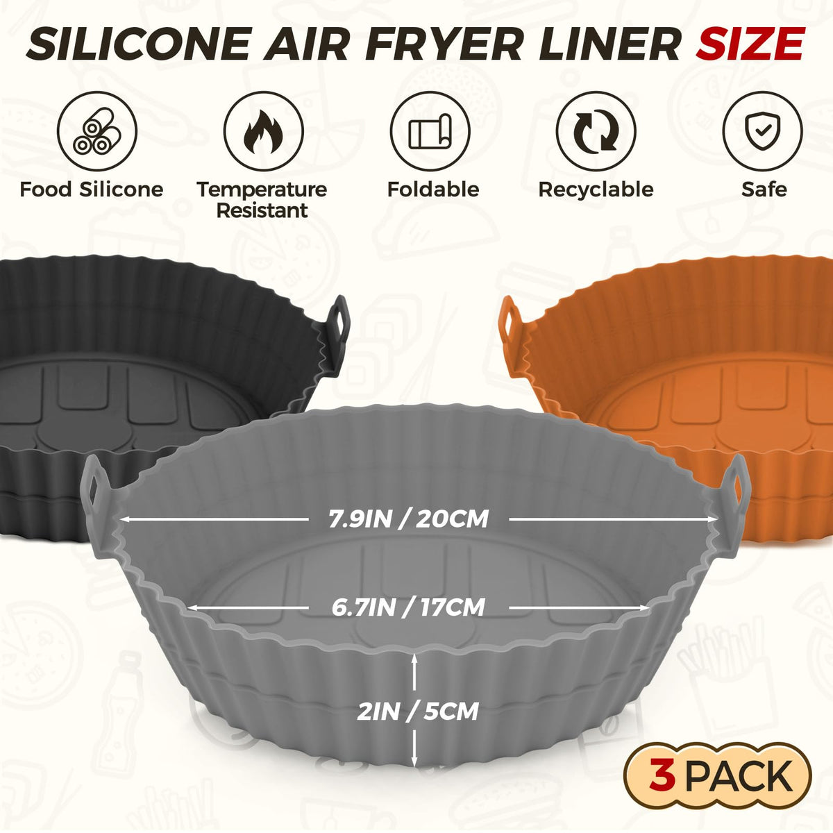 Buauty 8-Inch silicone liner fits 3.6–6.8 Qt air fryers for versatile use.