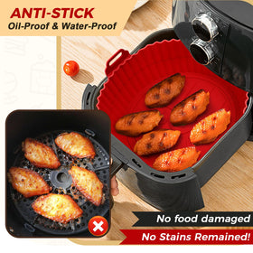 Buauty 8-inch liner installed in an air fryer basket for even heat circulation.