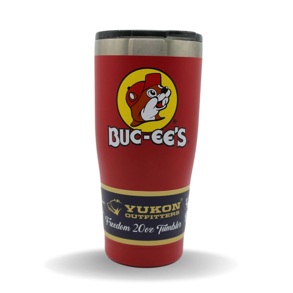 Buc-ee's red tumbler featuring Bucky the Beaver for cold or hot beverages.