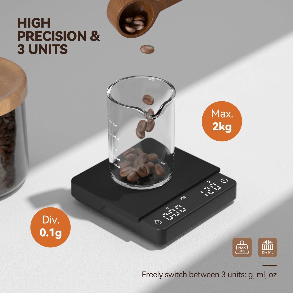 Bucanim Auto-tare and anti-slip base keeps weighing stable during brew.