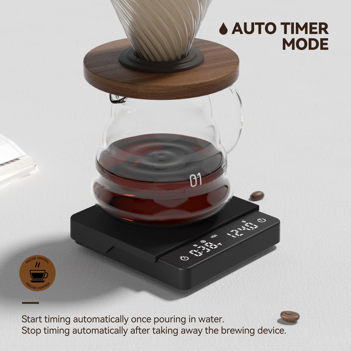 Bucanim Espresso-scale under machine demonstrates compact setup for small counters.