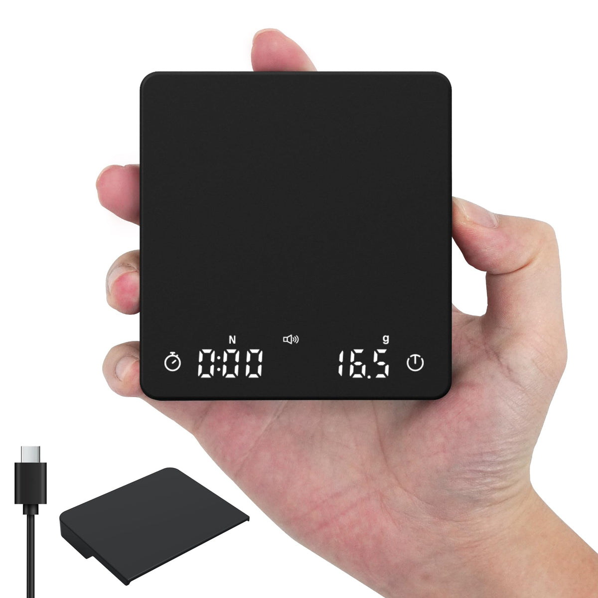 Bucanim Rechargeable Coffee Scale front view for precise espresso and pour-over measurements.