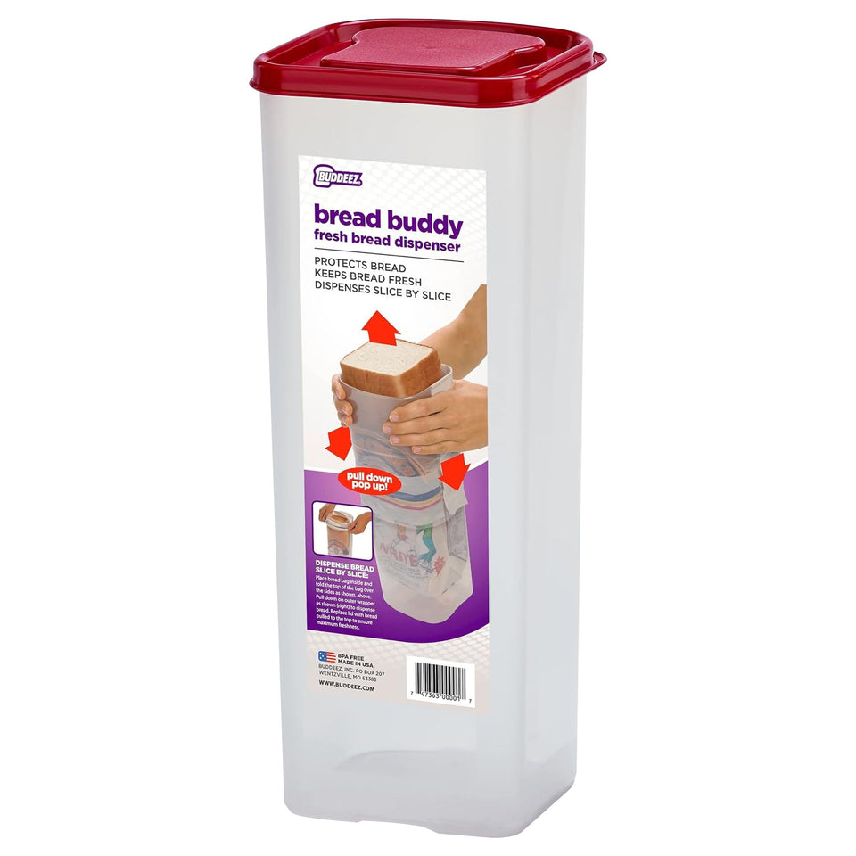 Buddeez Bread Buddy box-front demonstrates compact storage for fresh sandwich bread