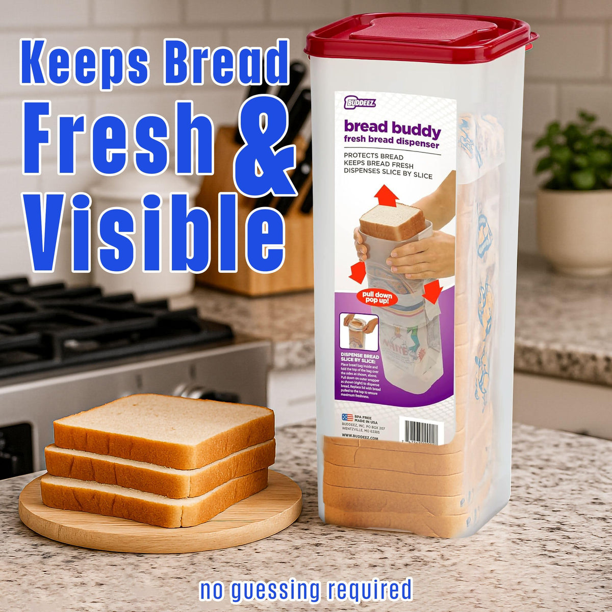 Buddeez Bread Buddy vertical-storage design highlights space-saving upright storage