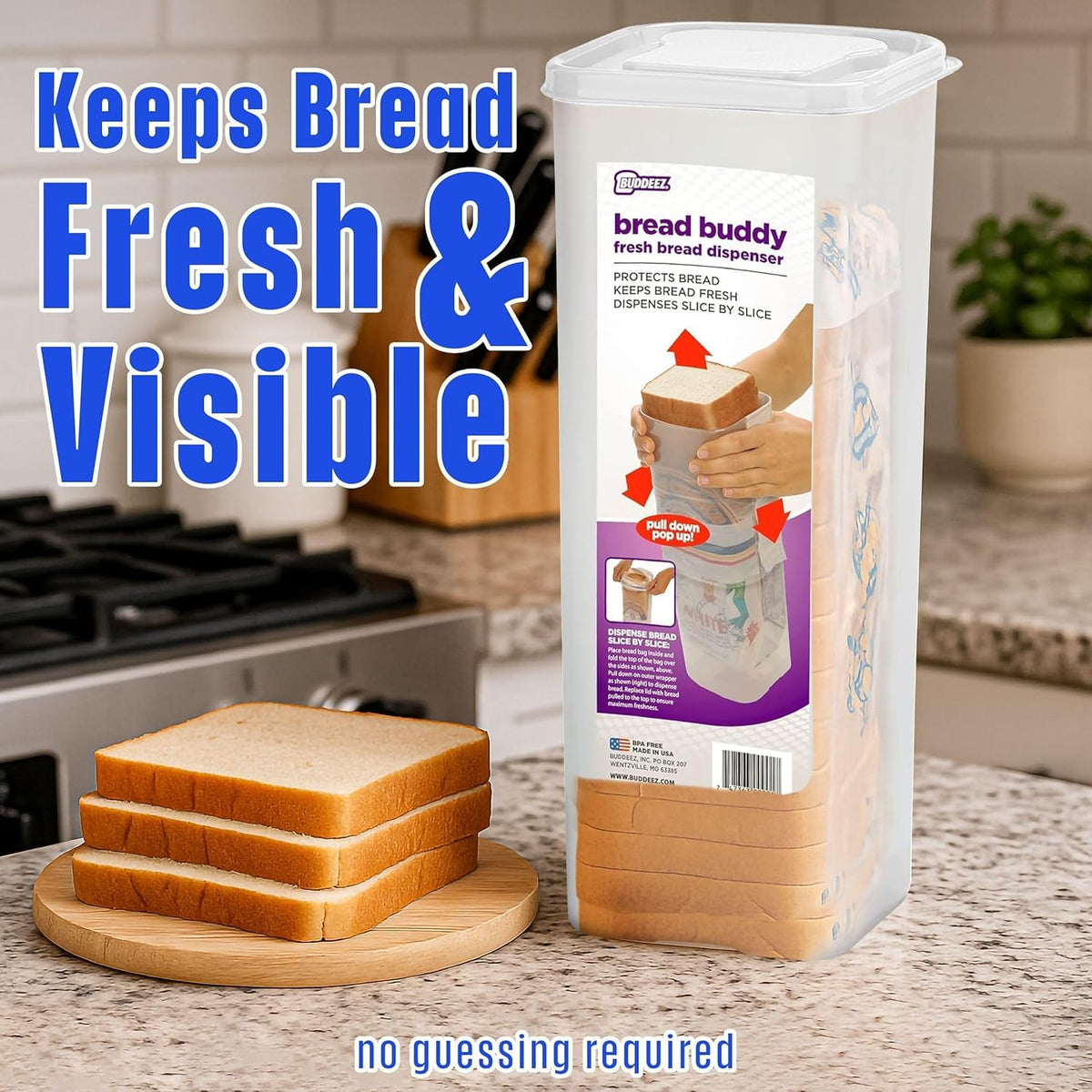 Buddeez Bread Buddy vertical storage frees up counter space in a compact kitchen
