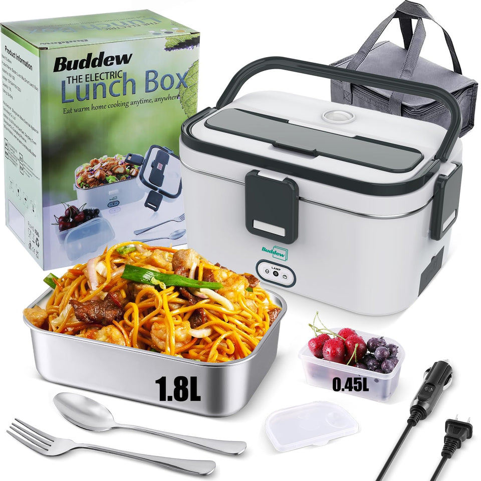 Buddew electric lunch box gray closed, ideal for office meals on the go.