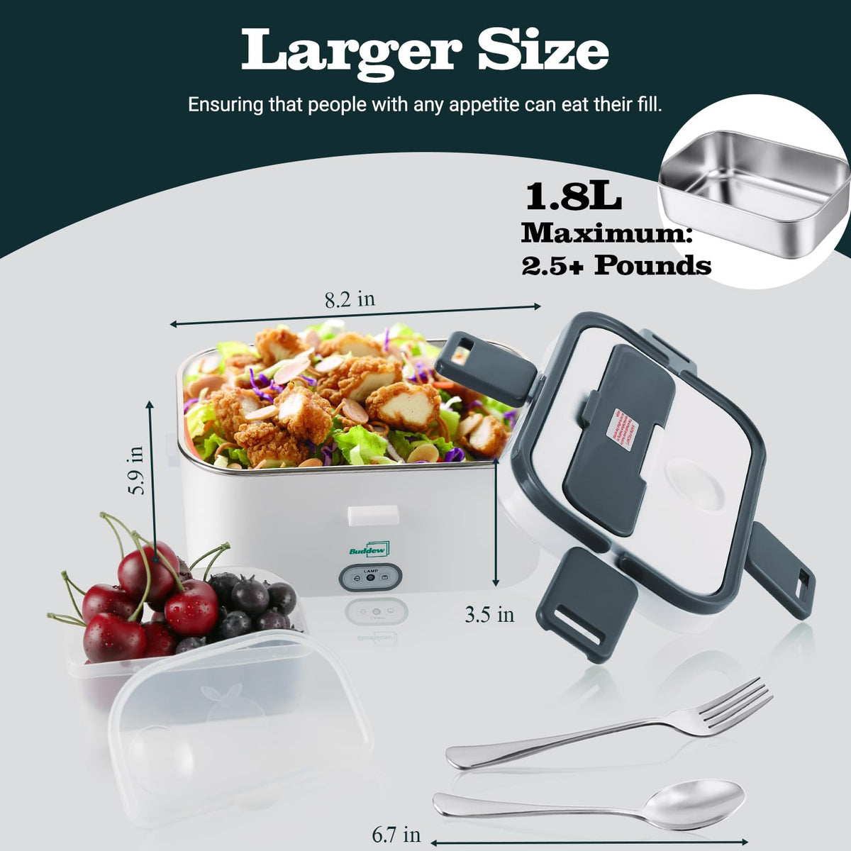 Buddew electric lunch box showing 80W heating for fast warming.