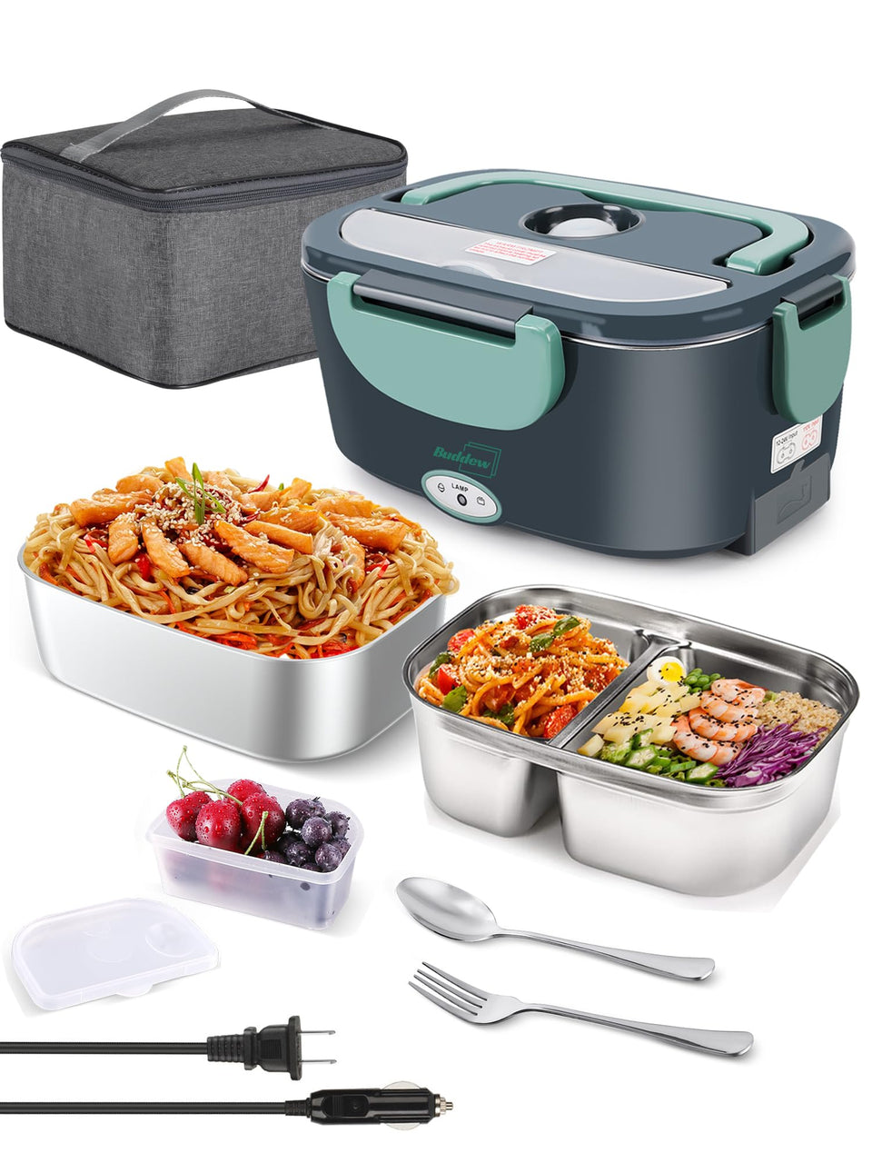 Buddew electric lunch box with 80W heating for fast warming at desk.