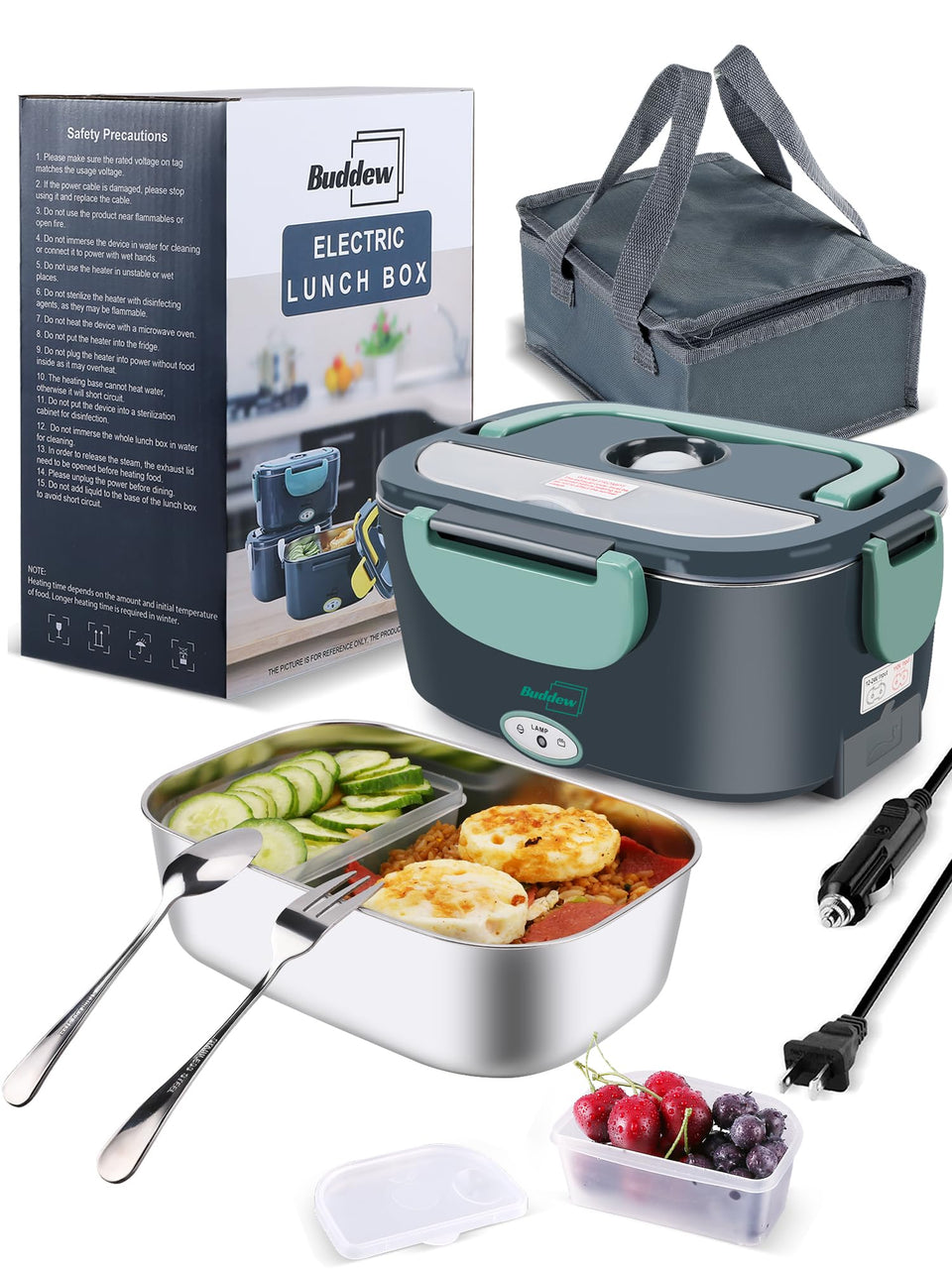 Buddew electric lunch box shows 80W quick heating for meals on the go.